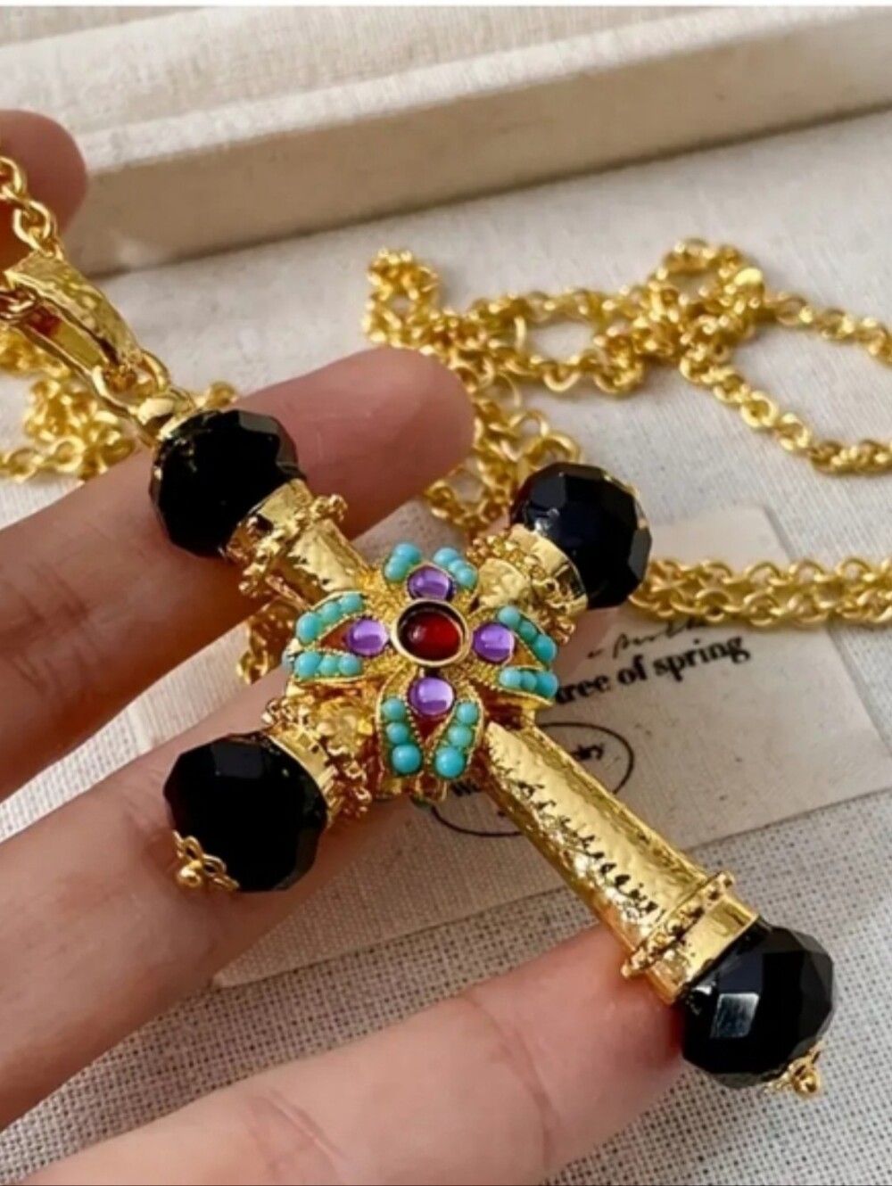 Cross Pendant Long Chain Necklace Gold & Black Embellished Vibrant Crystals nwot